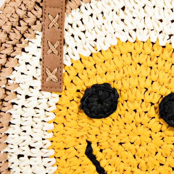 Smiley Face Straw Tote Bag - Cream and Yellow - Picture 2 of 3